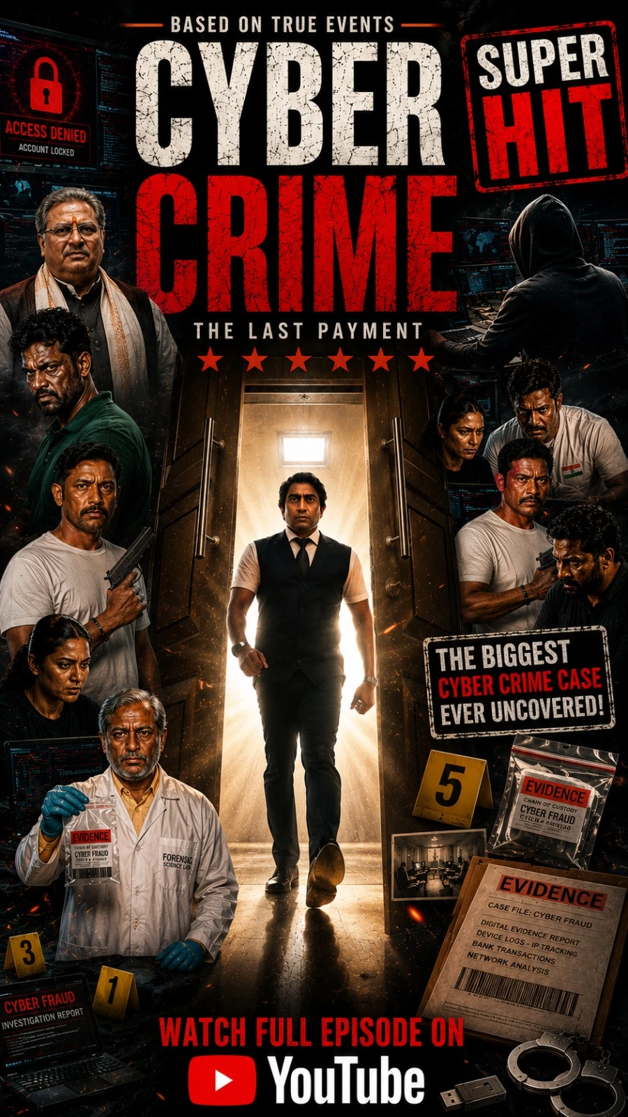 Cyber Crime poster featuring investigators, featuring Mohammed Taskeen Ahmed a CID officer a cybercriminal, digital evidence, and forensic scenes, with the title “UCID Season 6 Cyber Crime – The Last Payment” and “Watch Full Episode on Telangana Crime Control YouTube Channel.